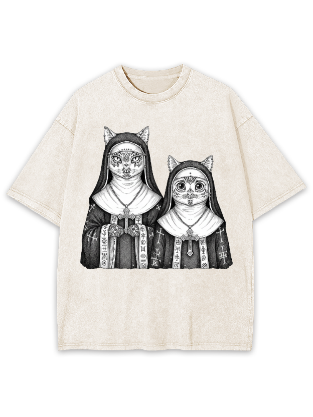 Two Cat Nuns Washed Tshirt