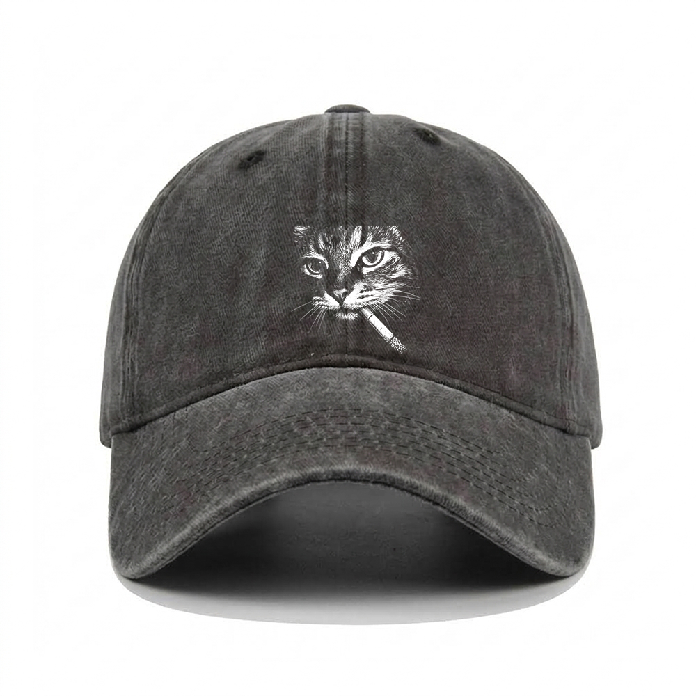 CAT WITH CIGARETTE WASHED VINTAGE BASEBALL CAP