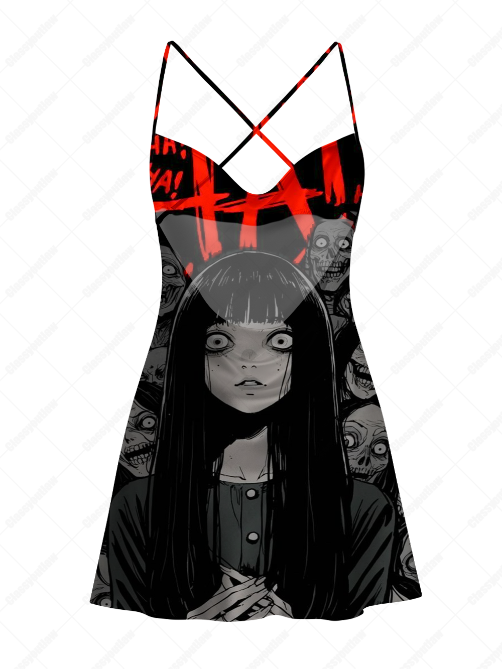 RED HA HA HORROR ANIME SATIN CROSS BACK MINI DRESS