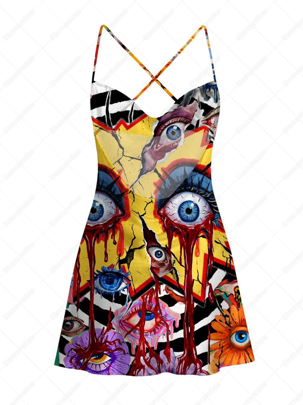 BLEEDING EYES POP ART SATIN CROSS BACK MINI DRESS
