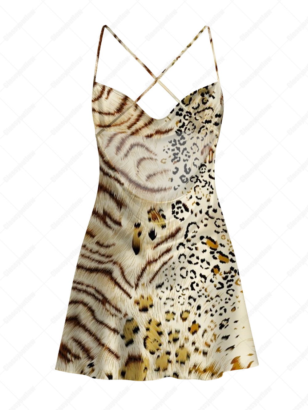 WILD MIXED FELINE SATIN CROSS BACK MINI DRESS