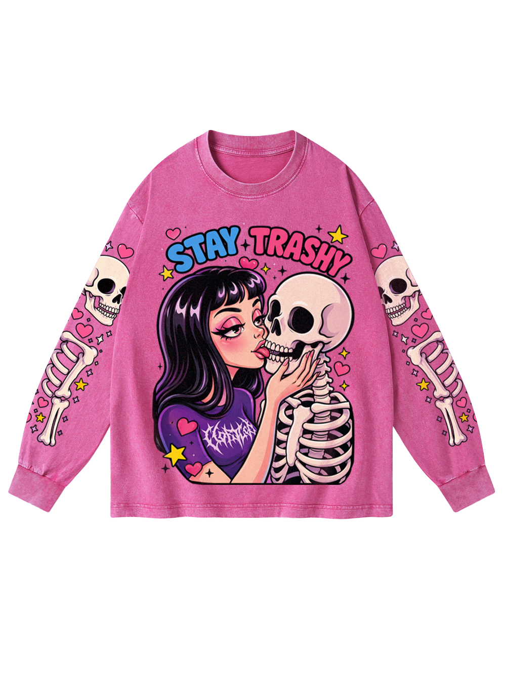 SKULL KISS WASHED LONG-SLEEVE GRAPHIC TSHIRT