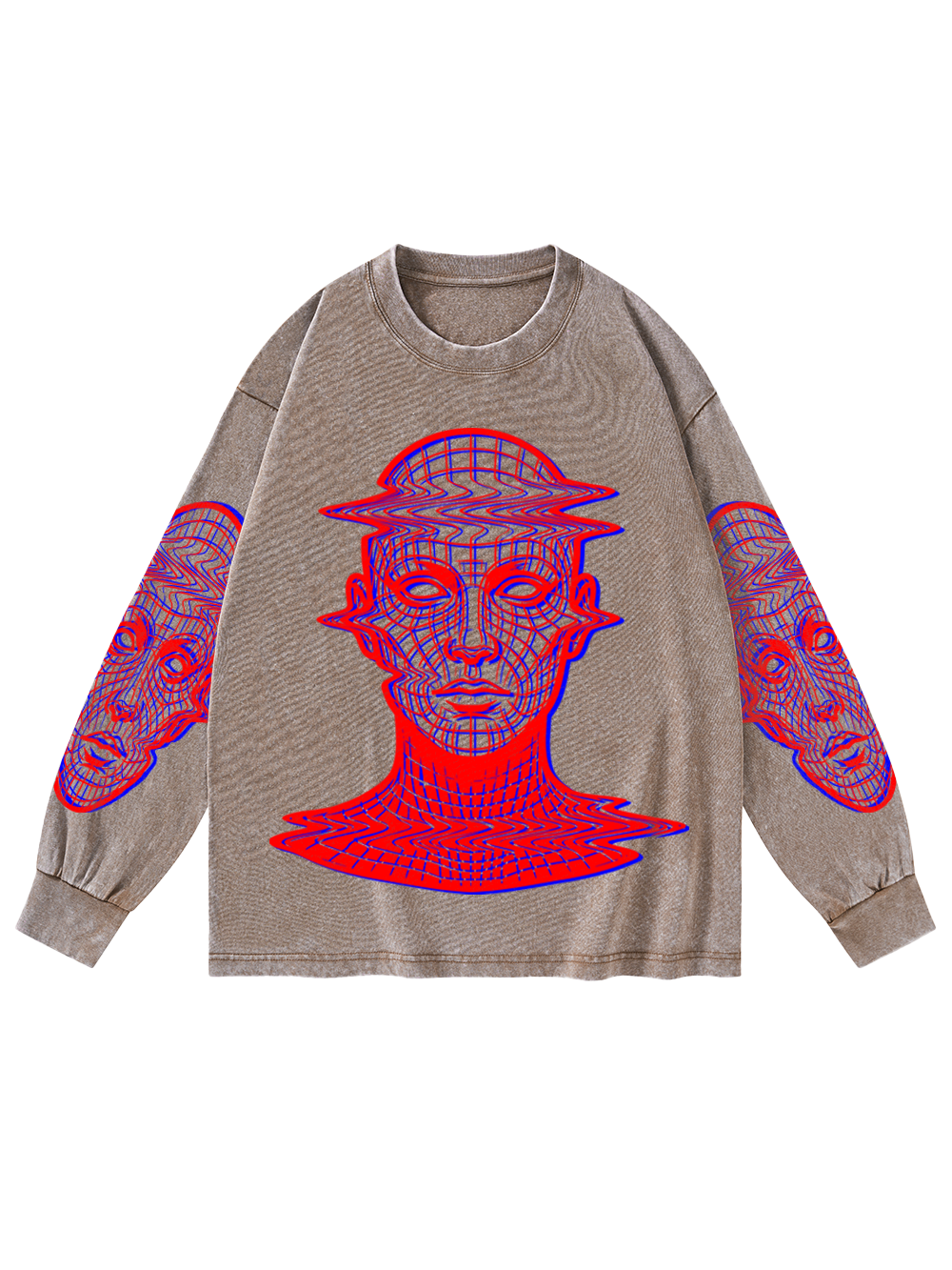 GLITCH WIREFRAME WASHED LONG-SLEEVE GRAPHIC TSHIRT