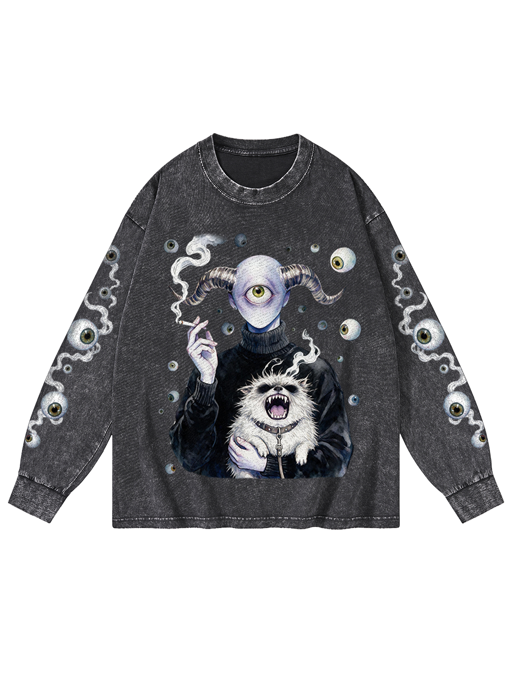 CYCLOPS DEMON MONSTER WASHED LONG-SLEEVE GRAPHIC TSHIRT