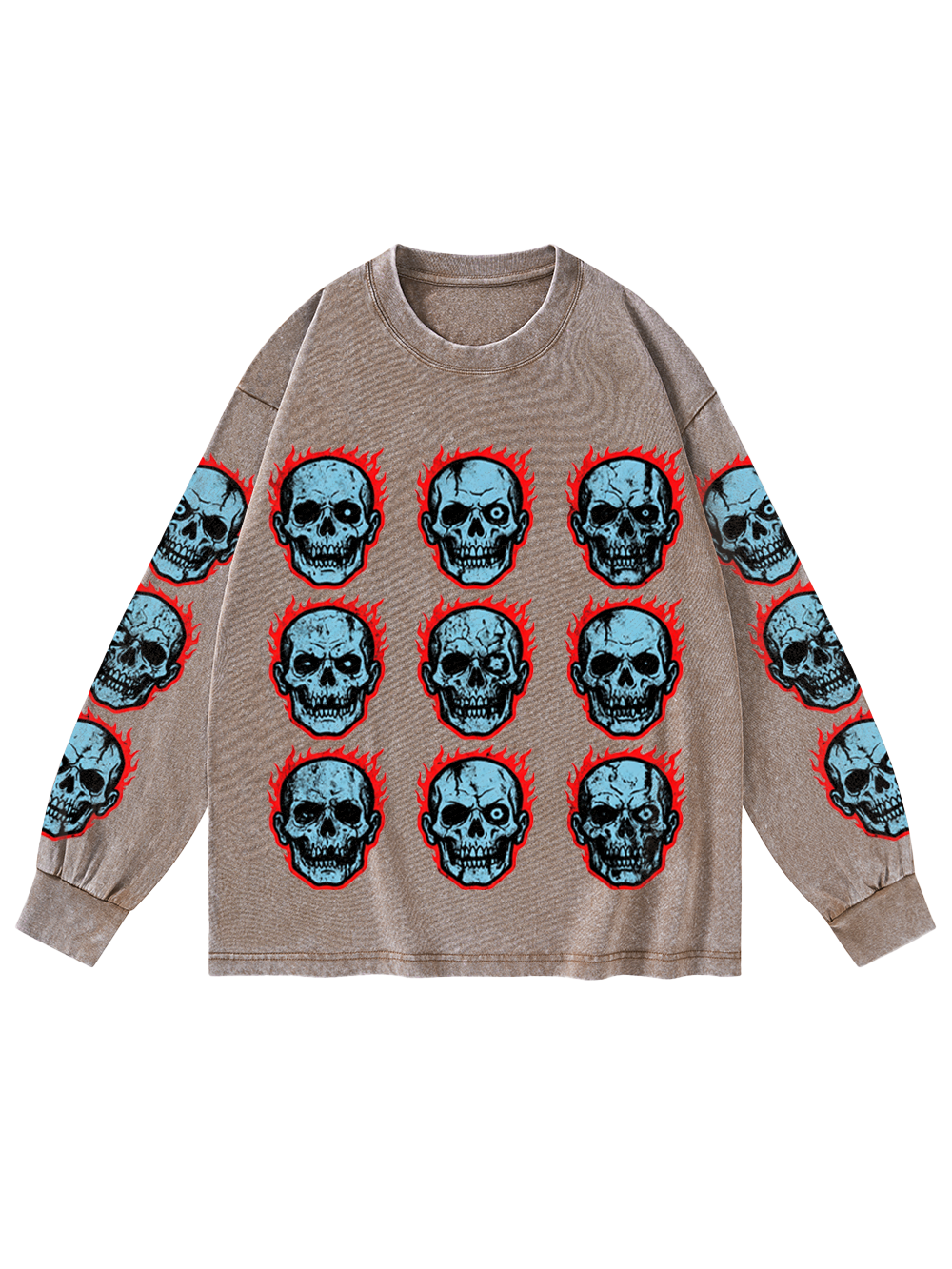 SKULL GRID WASHED LONG-SLEEVE GRAPHIC TSHIRT