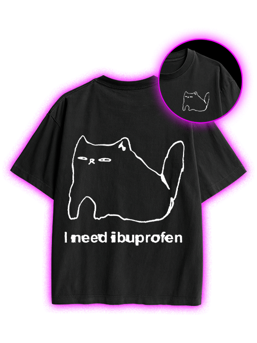 Ibuprofen Cat Double Sided Print Washed TShirt