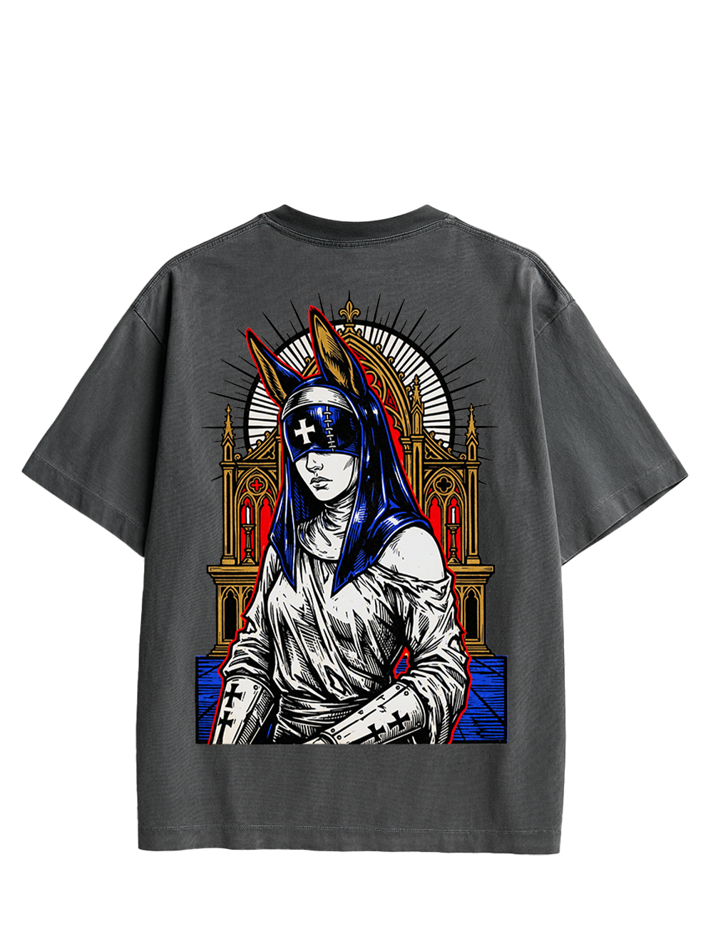 GOTHIC NUN WITH BUNNY EARS CHURCH DOUBLE SIDED PRINT WASHED TSHIRT