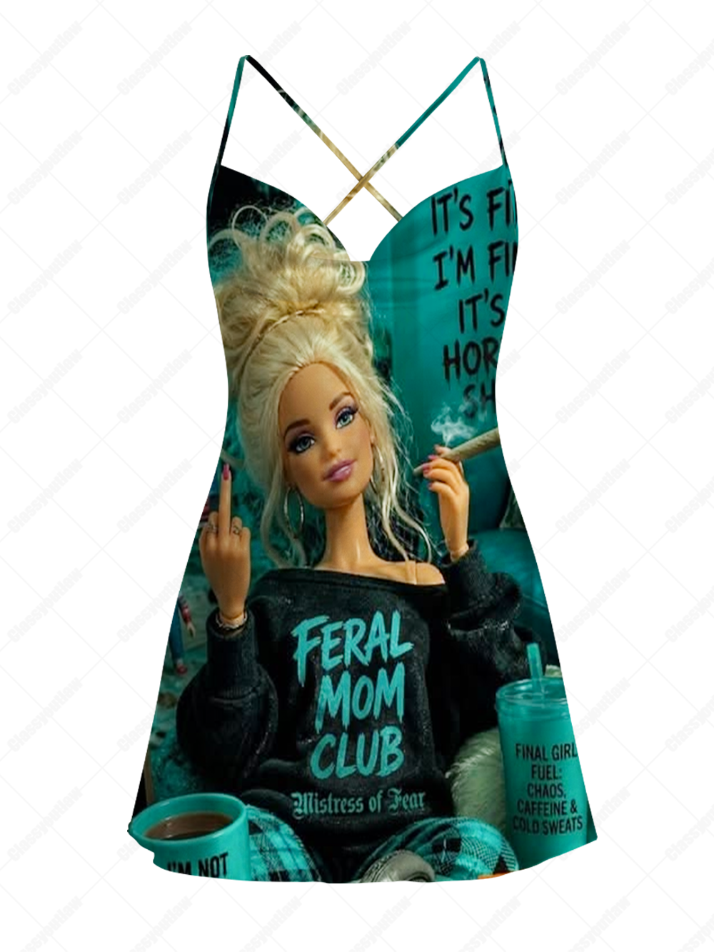 FERAL MOM CLUB COFFEE SATIN CROSS BACK MINI DRESS