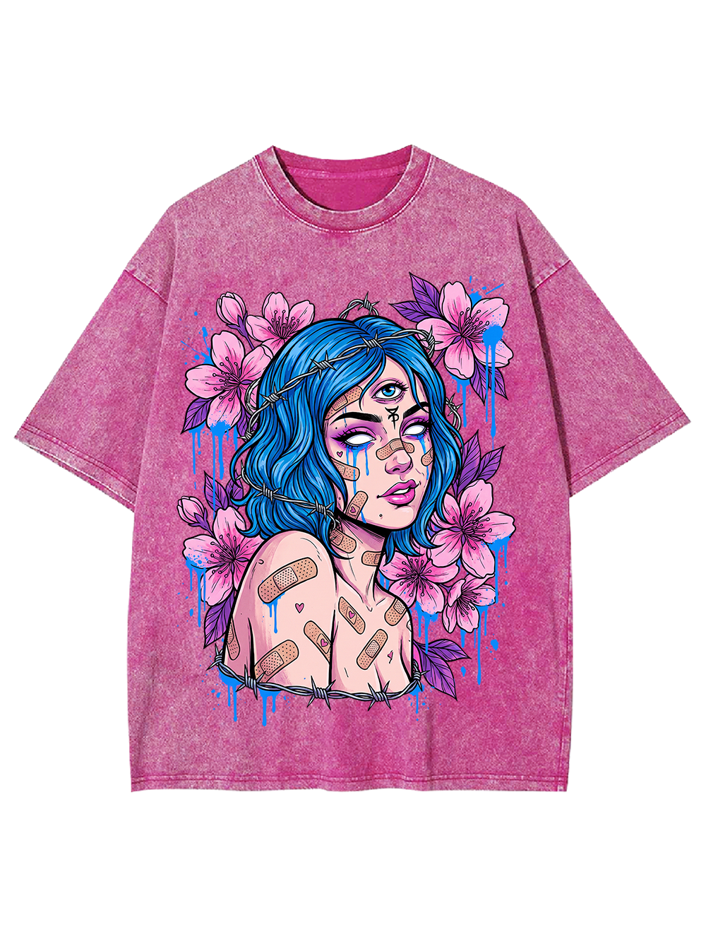 BLUE HAIRED BLOSSOM GIRL WASHED TSHIRT