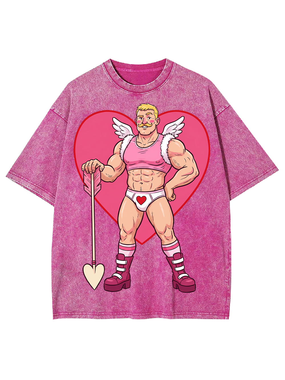 MUSCULAR CUPID IN PINK HEART OUTFIT WASHED TSHIRT