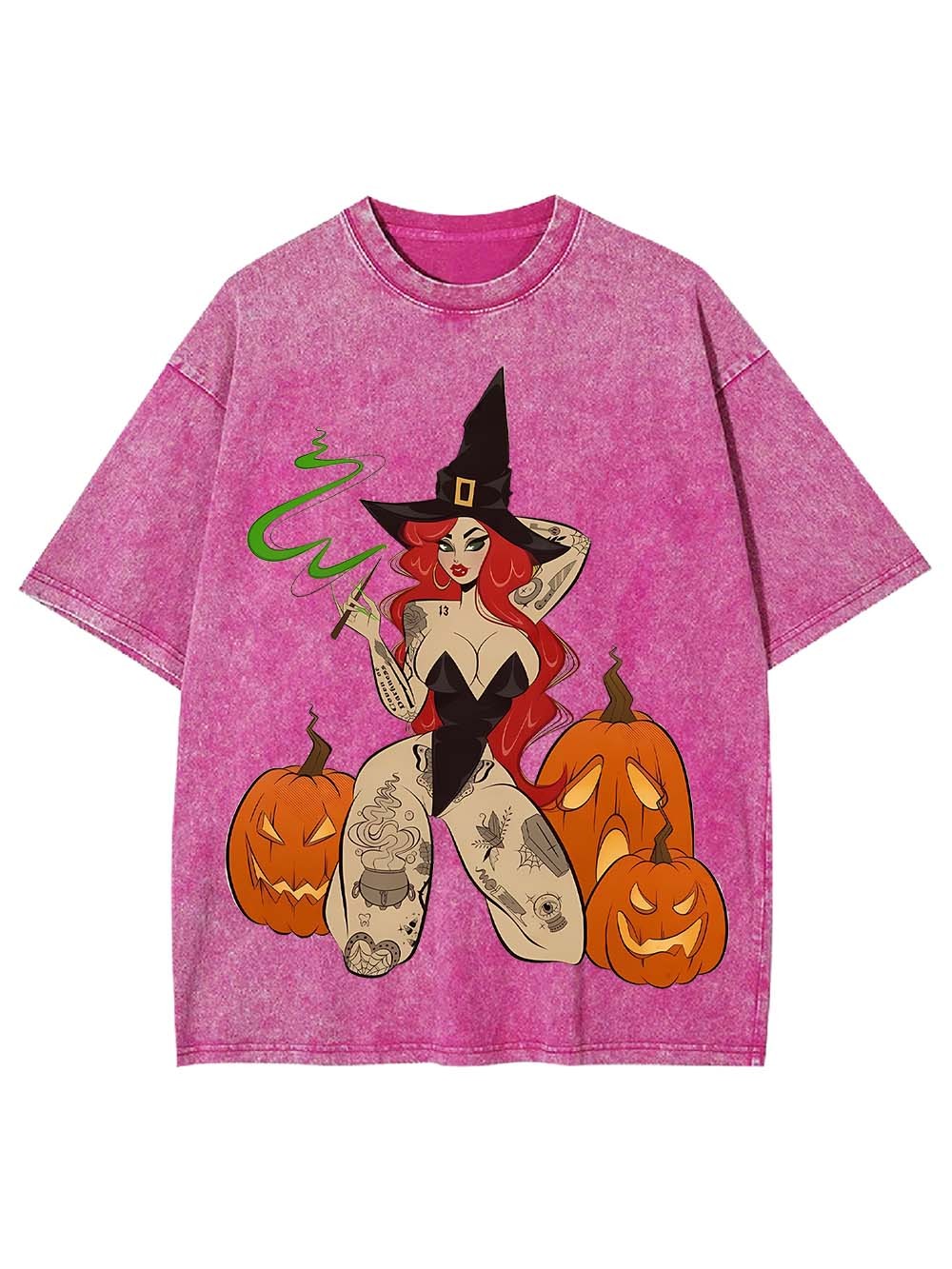 Tattooed Witch and Pumpkins Washed Tshirt