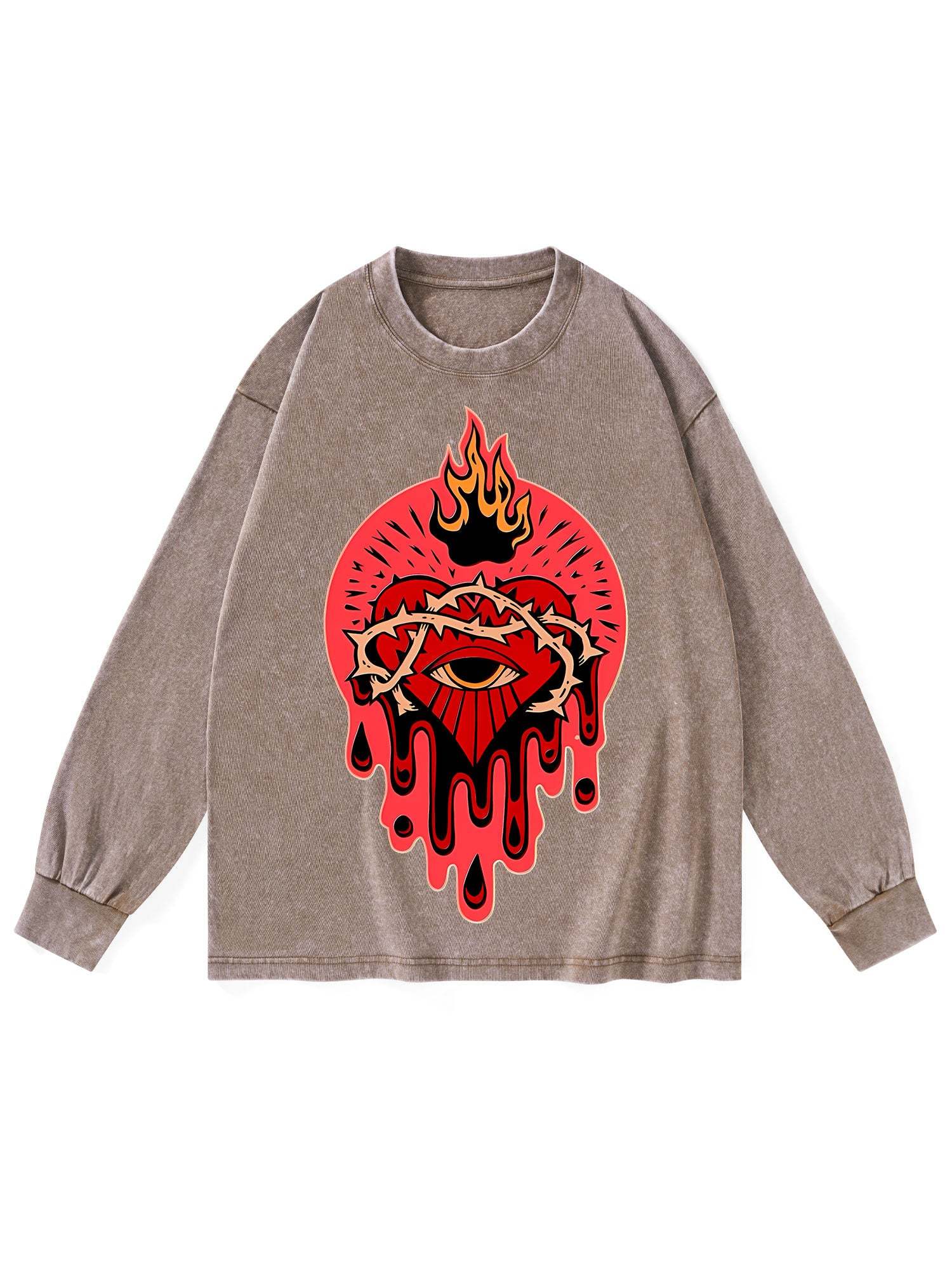 Flaming Heart Washed Long-Sleeve Tshirt-ClassyOutlaw Sale