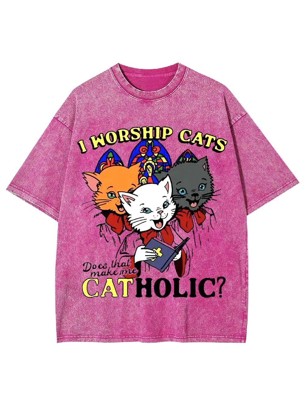 I Worship Cats: Does That Make Me Catholic? Washed Tshirt