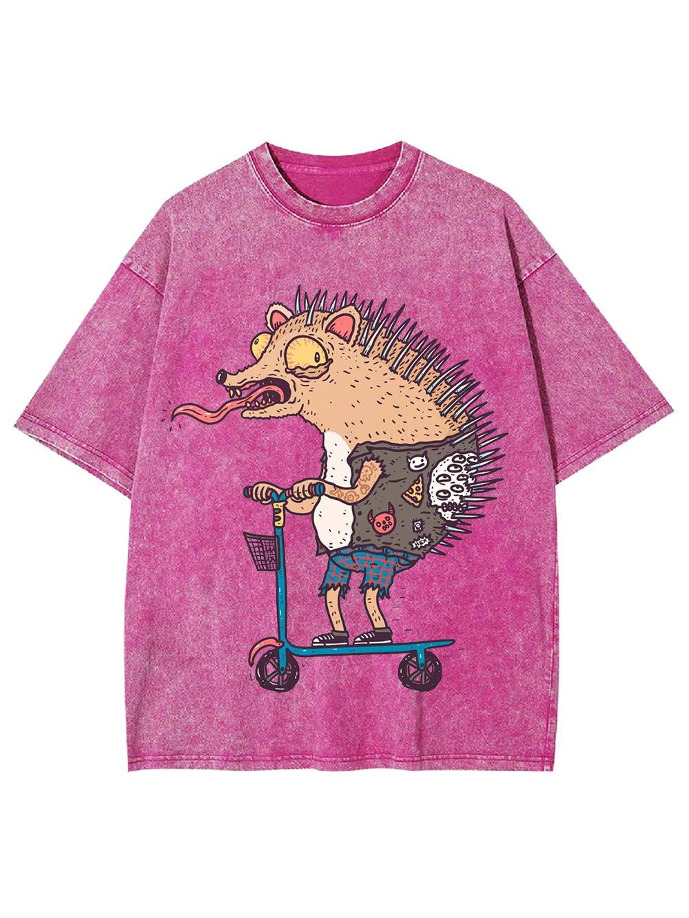 Punk Hedgehog Rider Washed Tshirt-ClassyOutlaw Sale