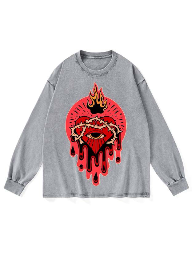 FLAMING HEART WASHED LONG-SLEEVE TSHIRT