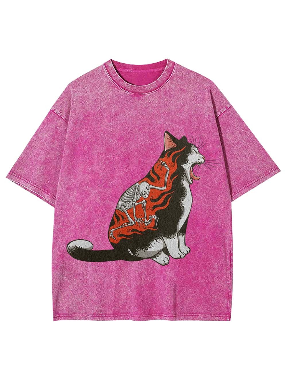 Flaming Skeleton Cat Washed Tshirt