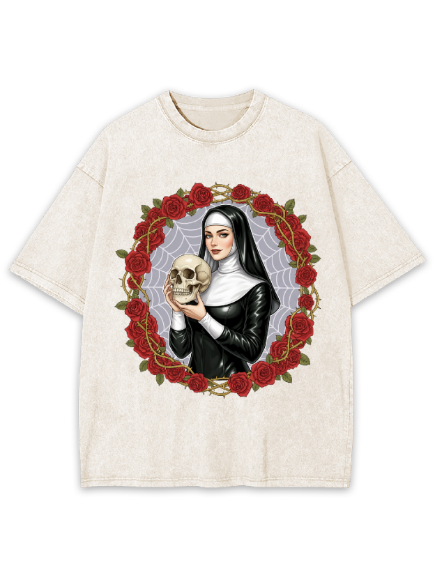 Rose Skull Nun Washed Tshirt
