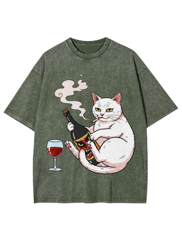 Drinking Rebellious Cat Washed Tshirt