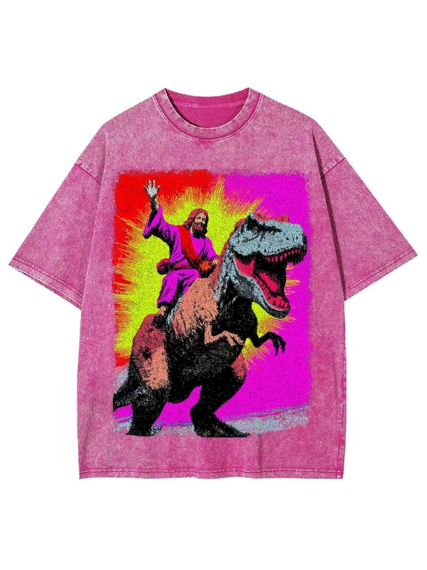 Jesus Riding Godzilla Washed Tshirt