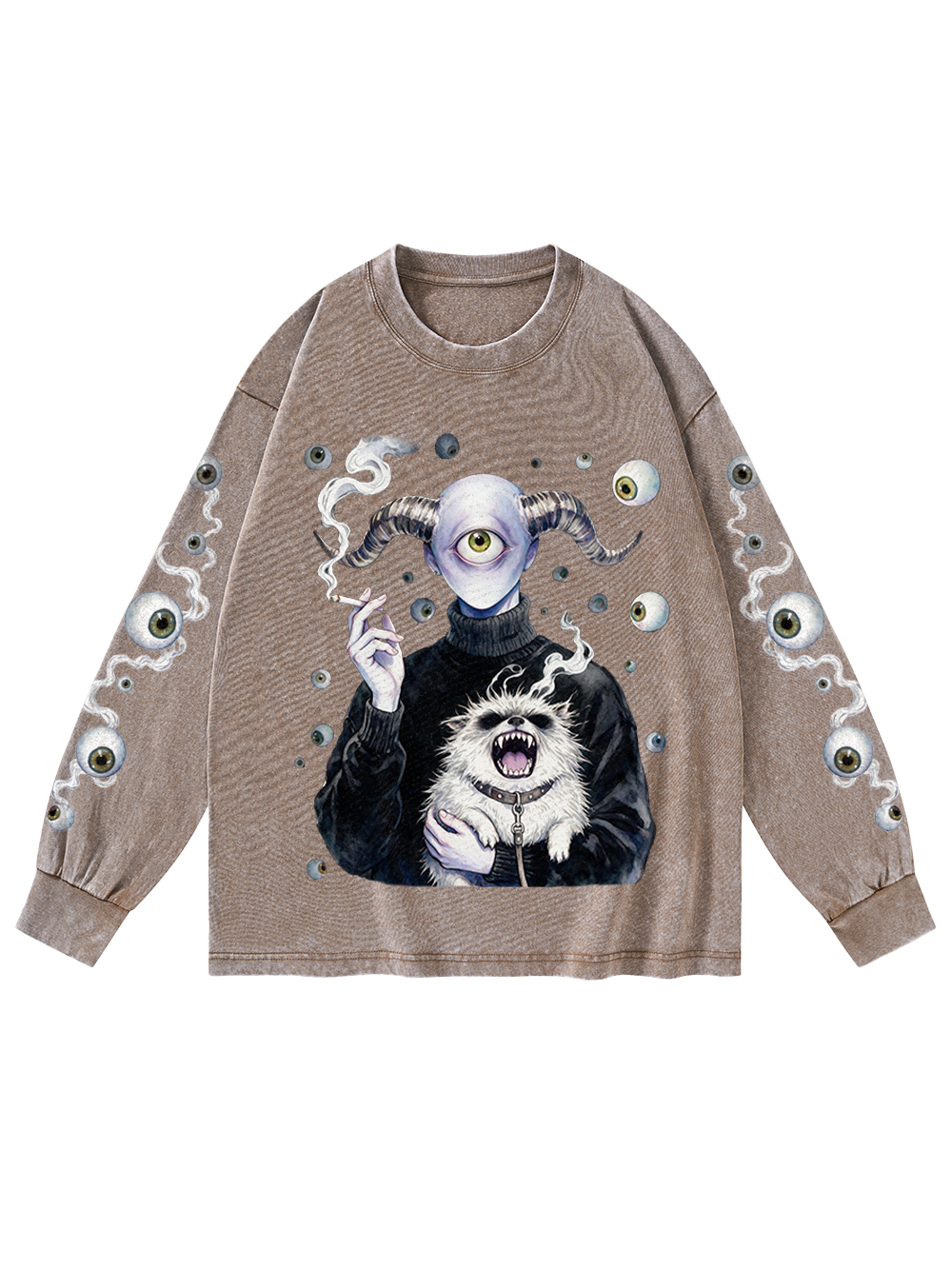 CYCLOPS DEMON MONSTER WASHED LONG-SLEEVE GRAPHIC TSHIRT
