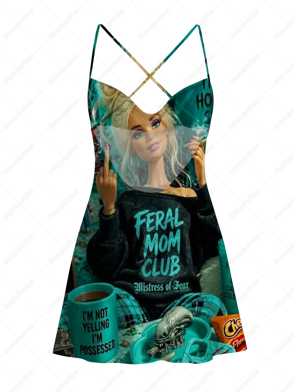 FERAL MOM CLUB COFFEE SATIN CROSS BACK MINI DRESS