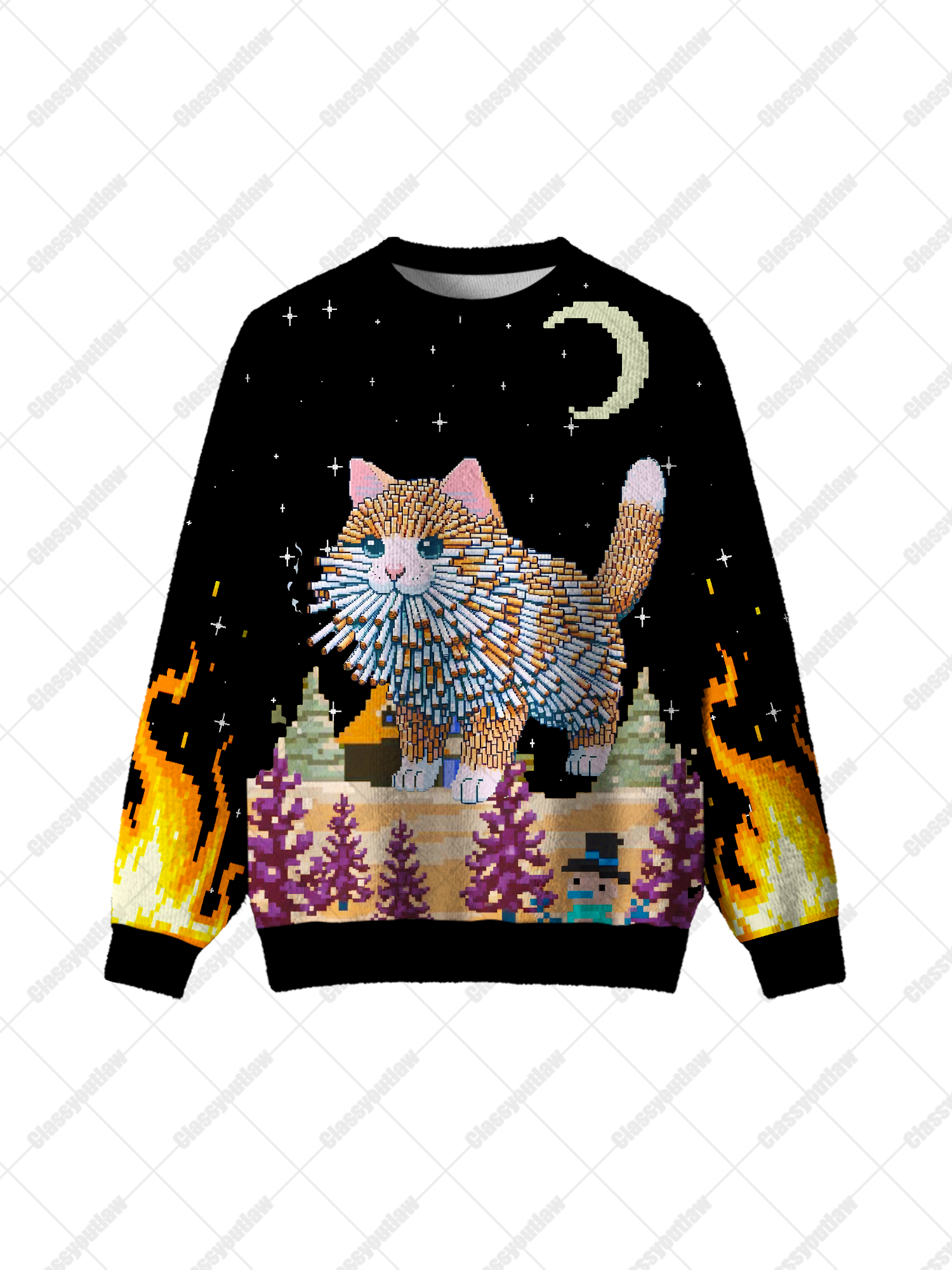 Pixel Flame Cat UGLY CHRISTMAS SWEATSHIRT-ClassyOutlaw Sale
