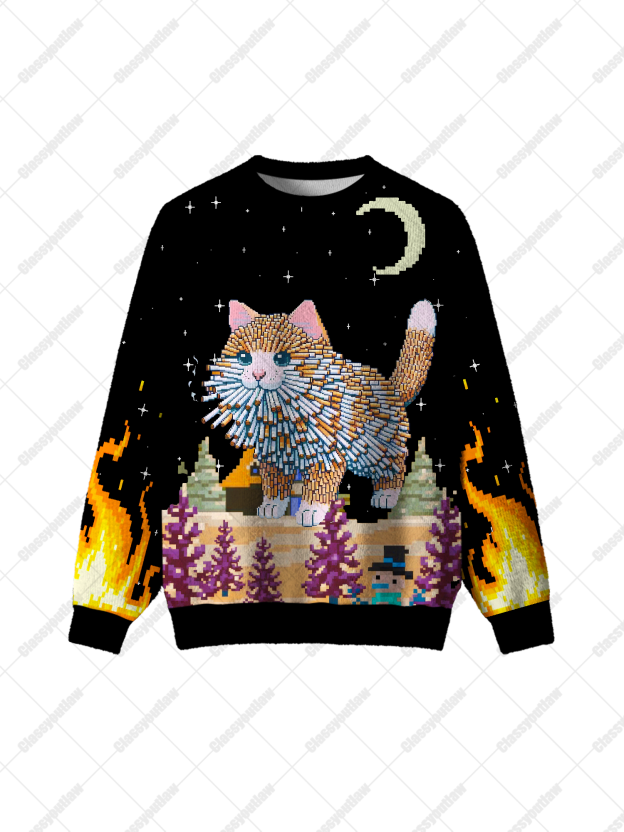 Pixel Flame Cat UGLY CHRISTMAS SWEATSHIRT