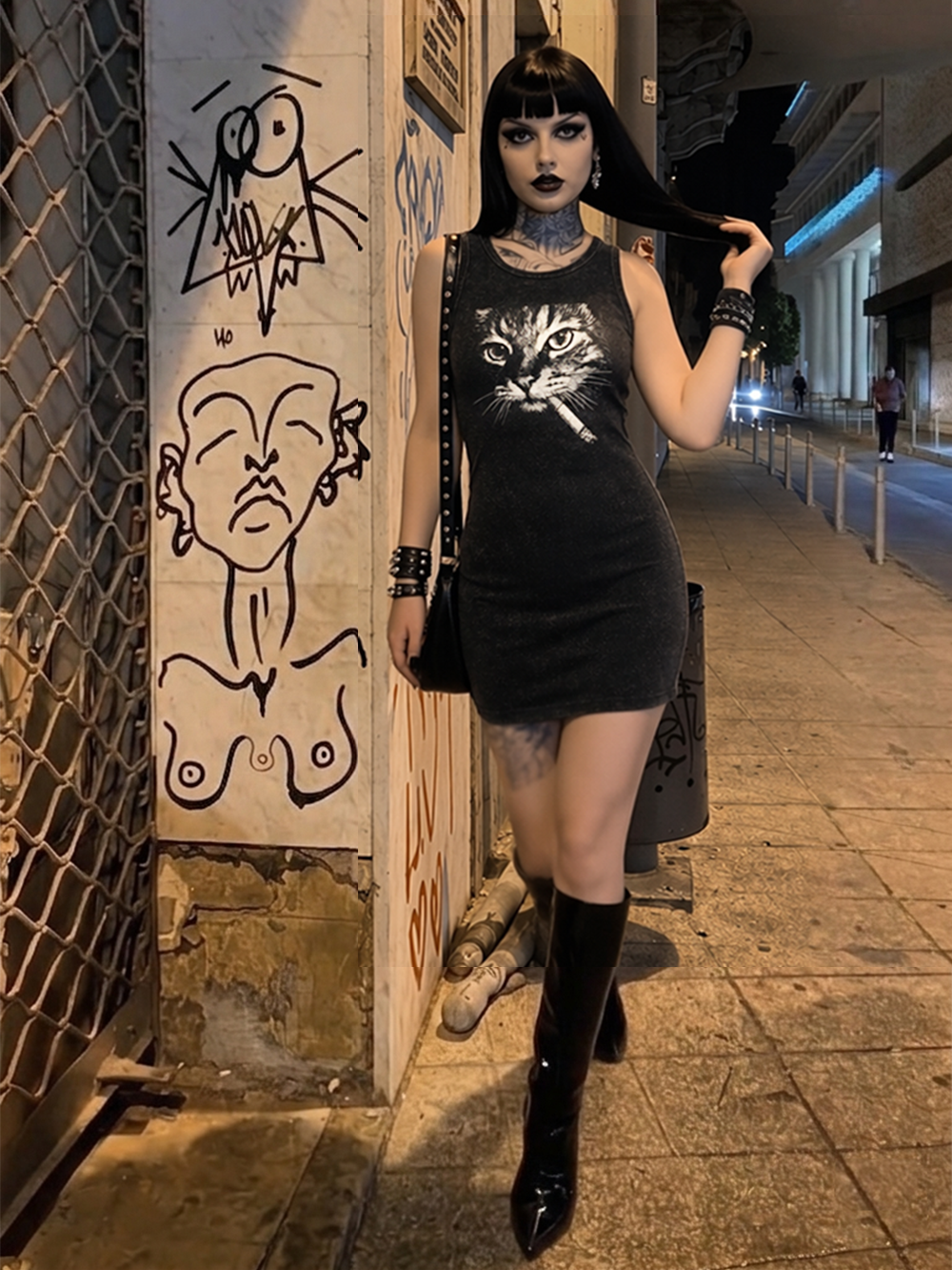 CAT WITH CIGARETTE VINTAGE BODYCON TANK DRESS
