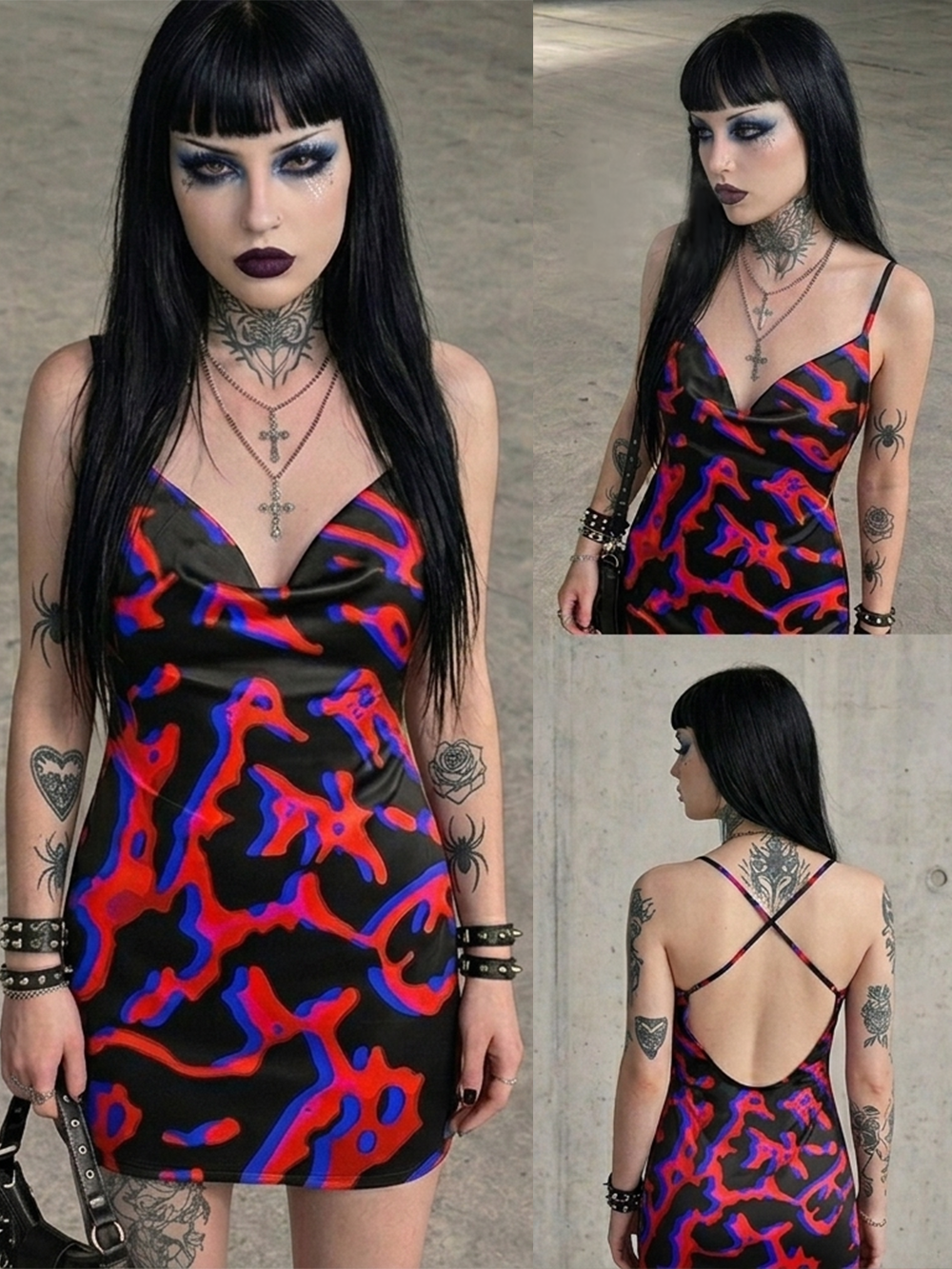 PSYCHEDELIC PATTERN VORTEX SATIN CROSS BACK MINI DRESS