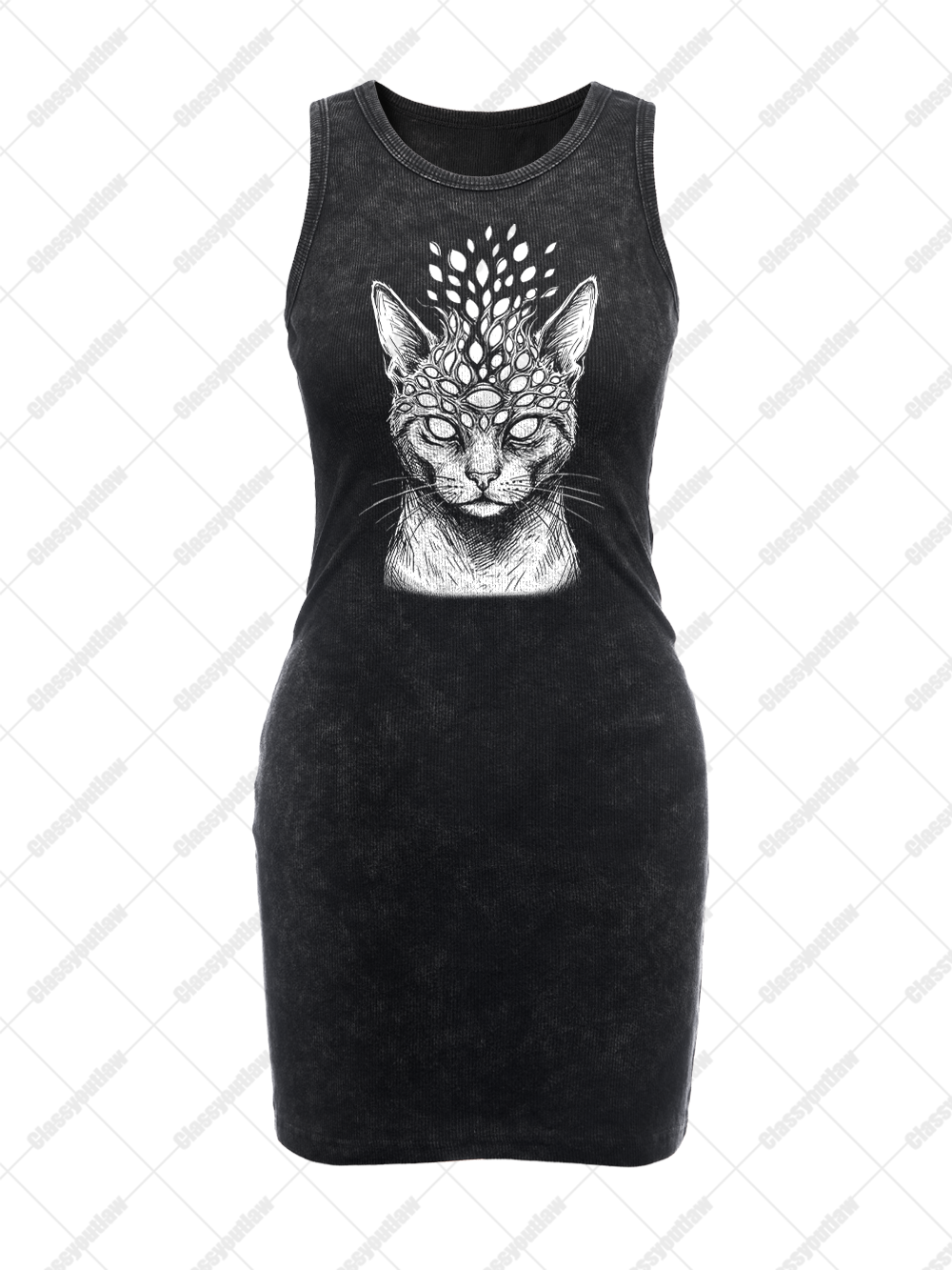 MYSTIC CAT SKULL ILLUSION VINTAGE BODYCON TANK DRESS