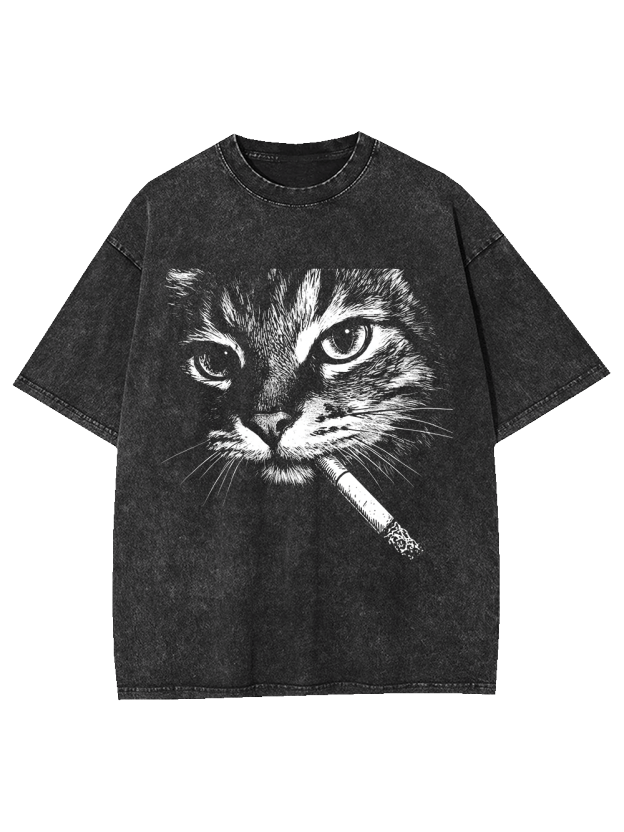 Cat With Cigarette Washed Tshirt