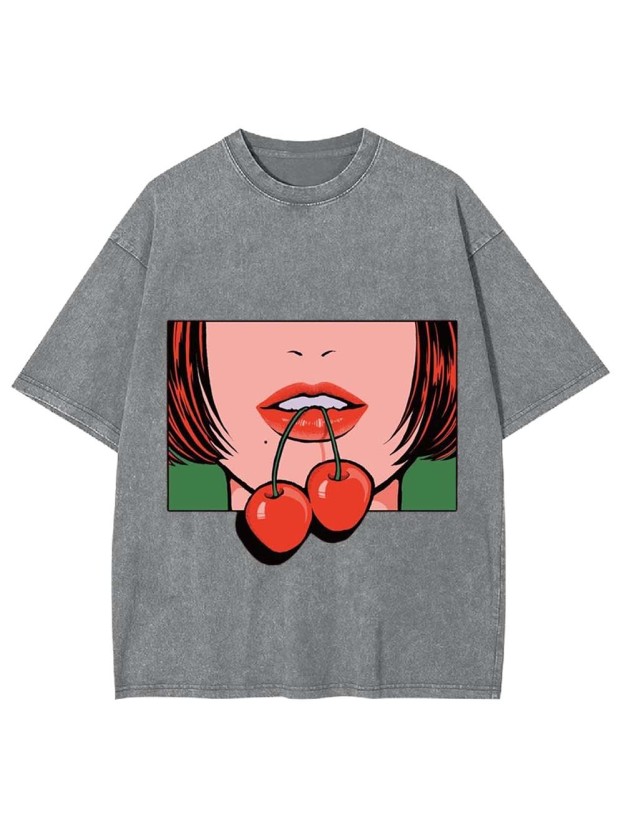 Red Lips Cherry Washed Tshirt