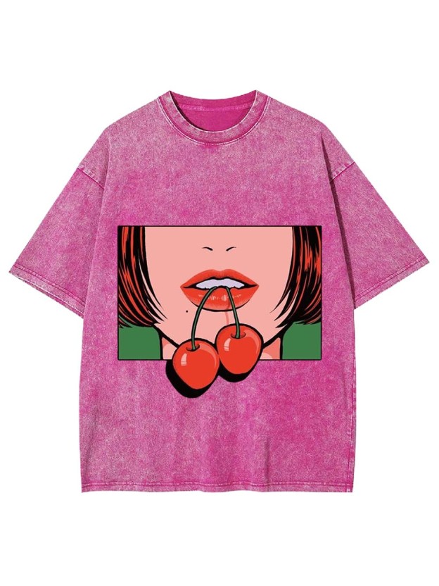 Red Lips Cherry Washed Tshirt
