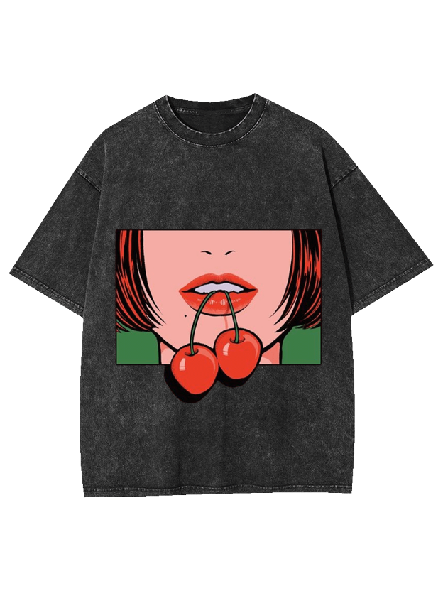 Red Lips Cherry Washed Tshirt