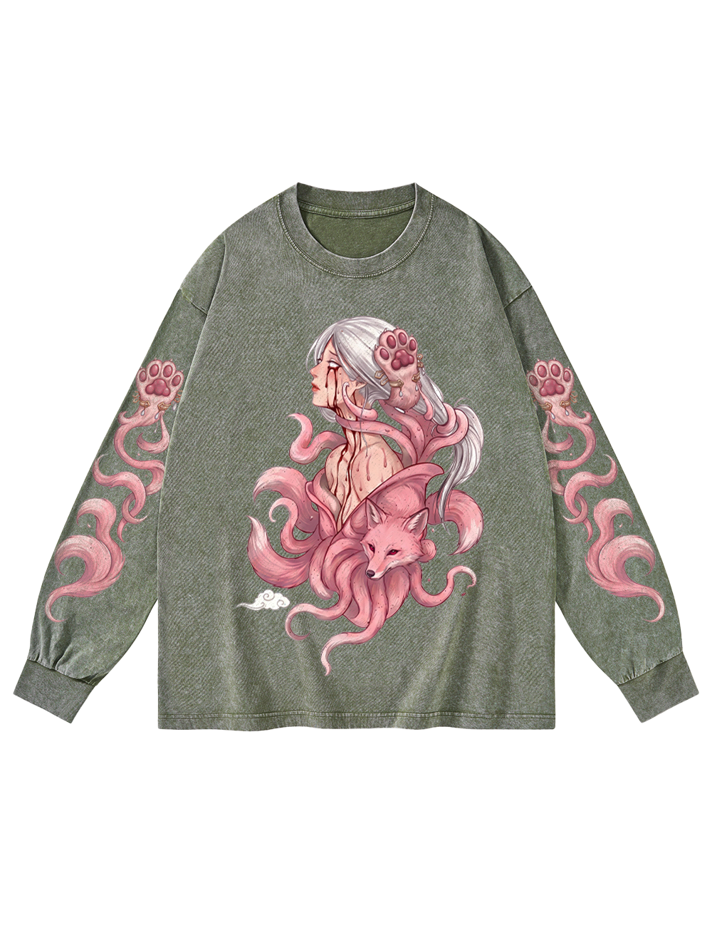 NINE-TAILED FOX GODDESS WASHED LONG-SLEEVE GRAPHIC TSHIRT