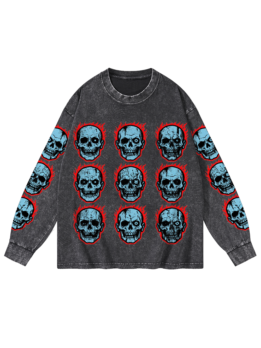 SKULL GRID WASHED LONG-SLEEVE GRAPHIC TSHIRT