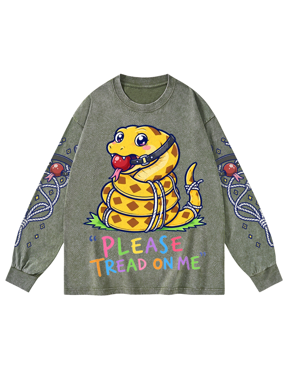 CUTE SNAKE WASHED LONG-SLEEVE GRAPHIC TSHIRT