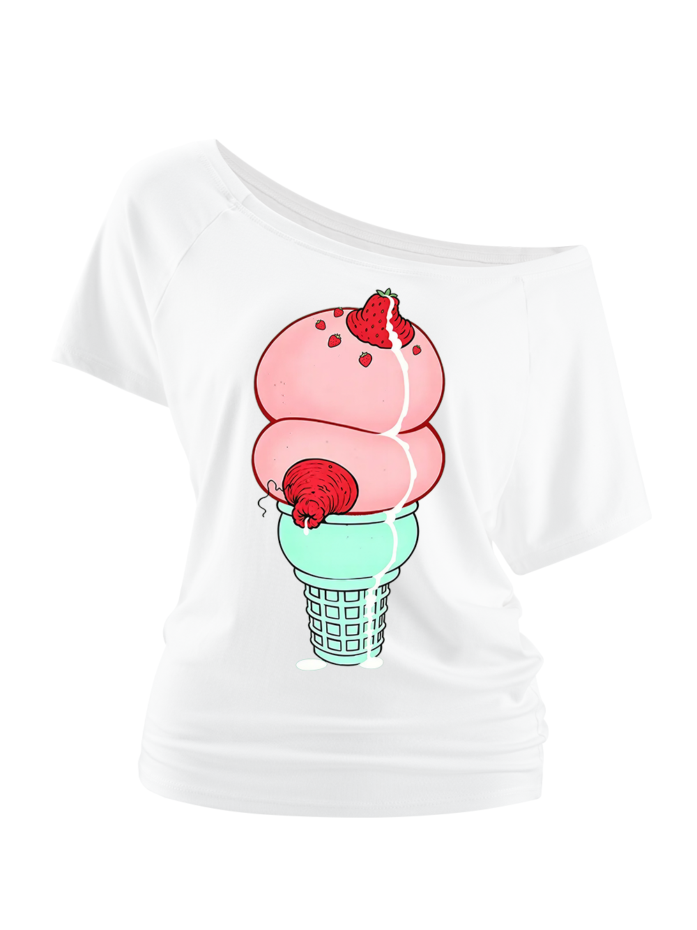 STRAWBERRY BOOB ICE CREAM OFF SHOULDER TSHIRT