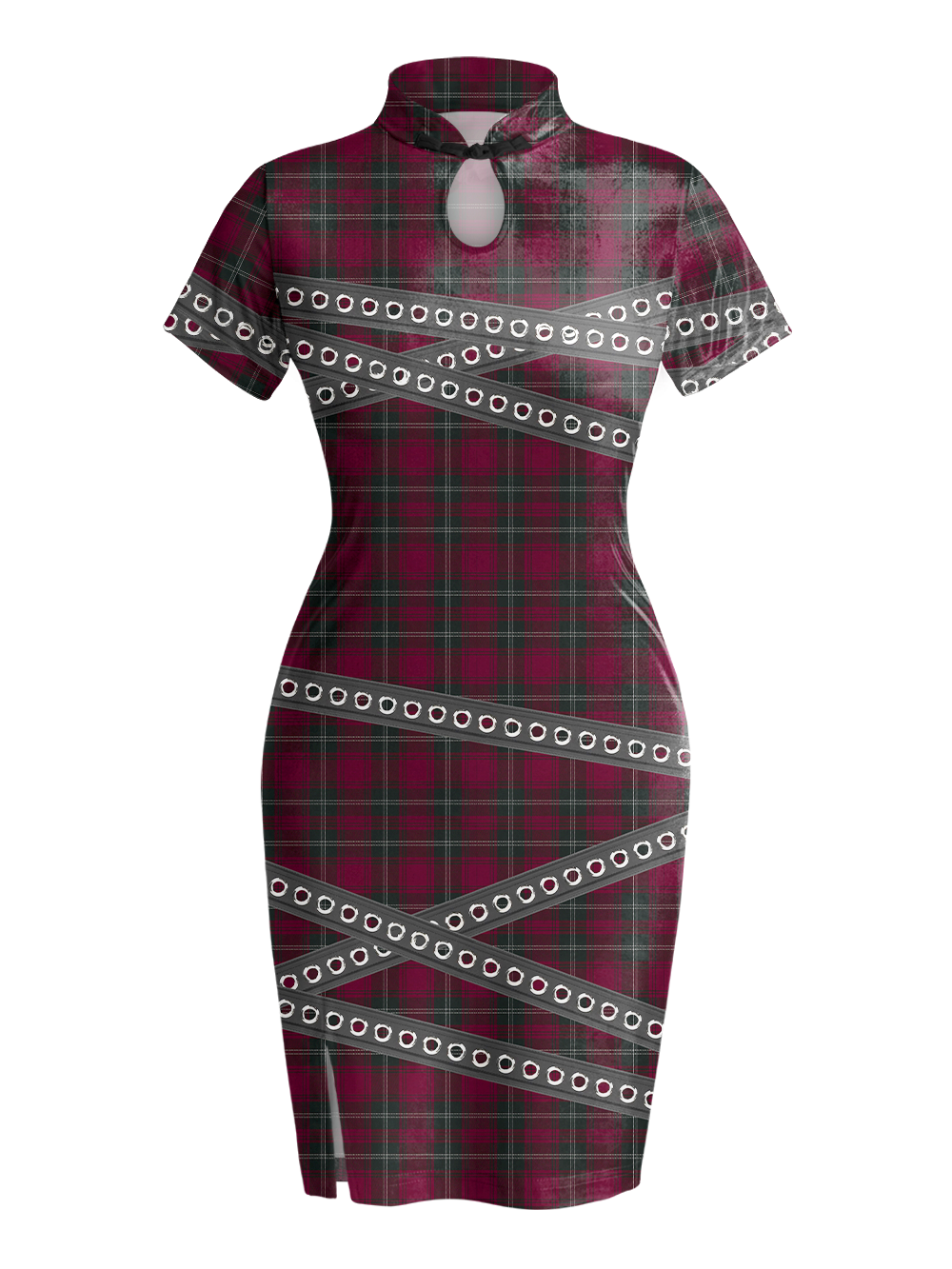 PLAID STRAP QIPAO MINI DRESS