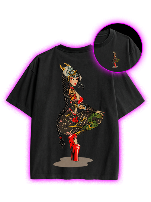 Tattooed Warrior Double Sided Print Washed TShirt