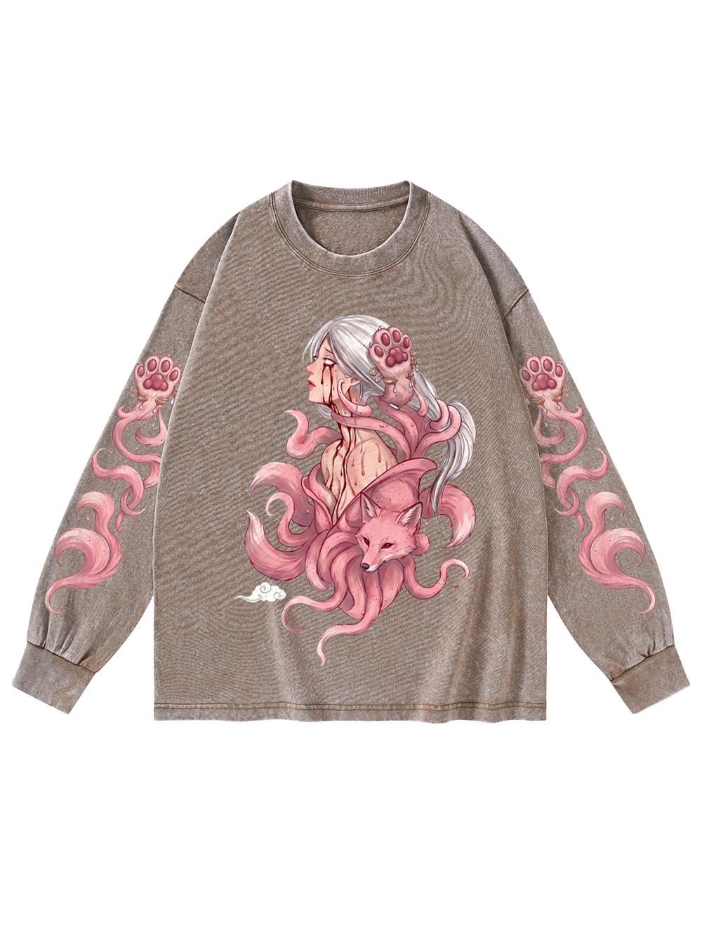 NINE-TAILED FOX GODDESS WASHED LONG-SLEEVE GRAPHIC TSHIRT