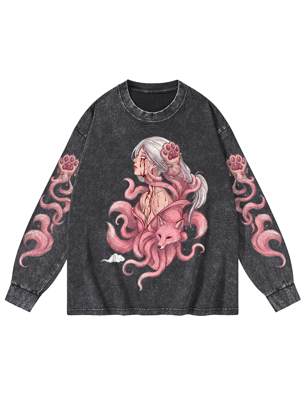 NINE-TAILED FOX GODDESS WASHED LONG-SLEEVE GRAPHIC TSHIRT