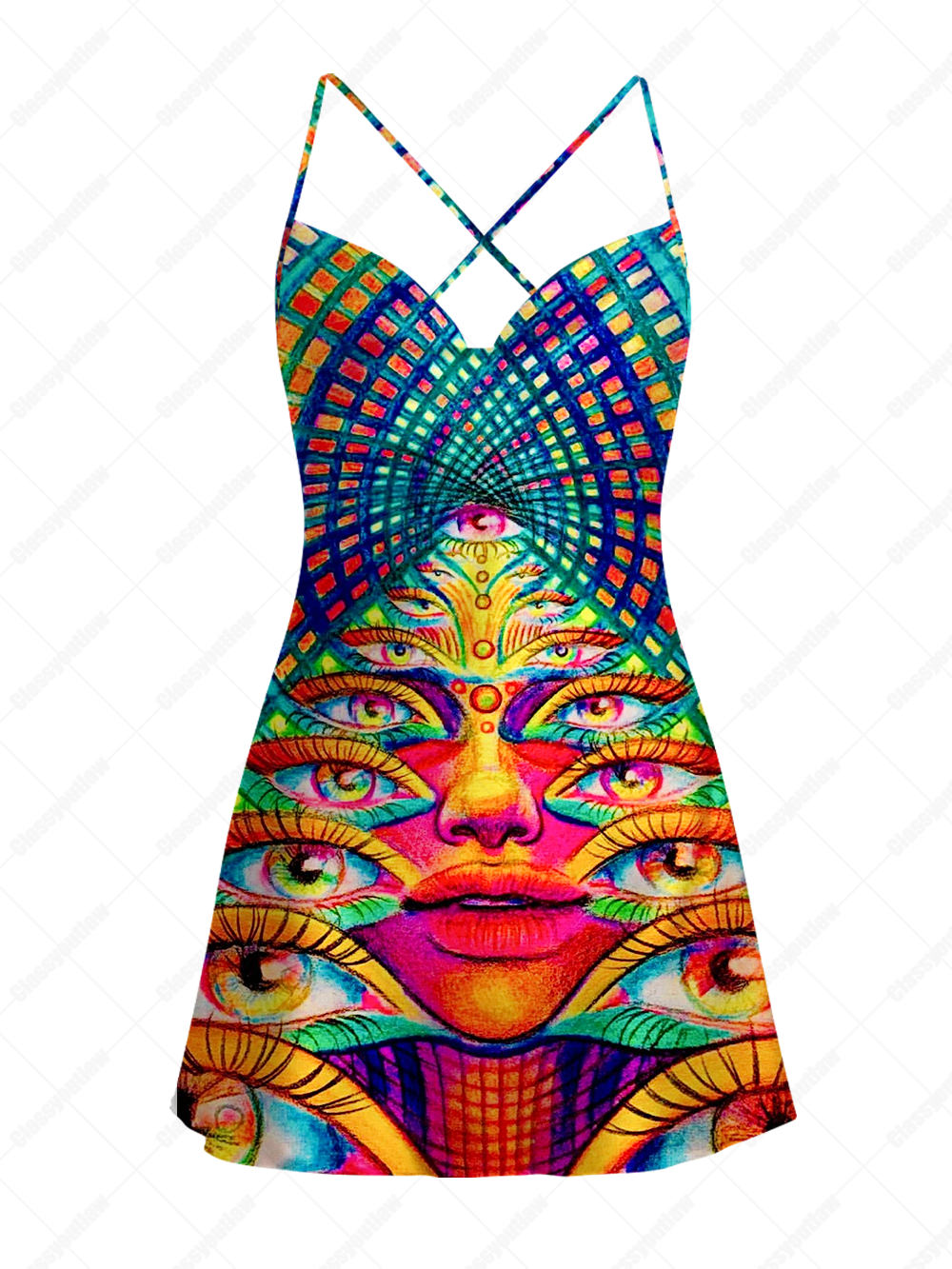 SURREAL VISION SATIN CROSS BACK MINI DRESS