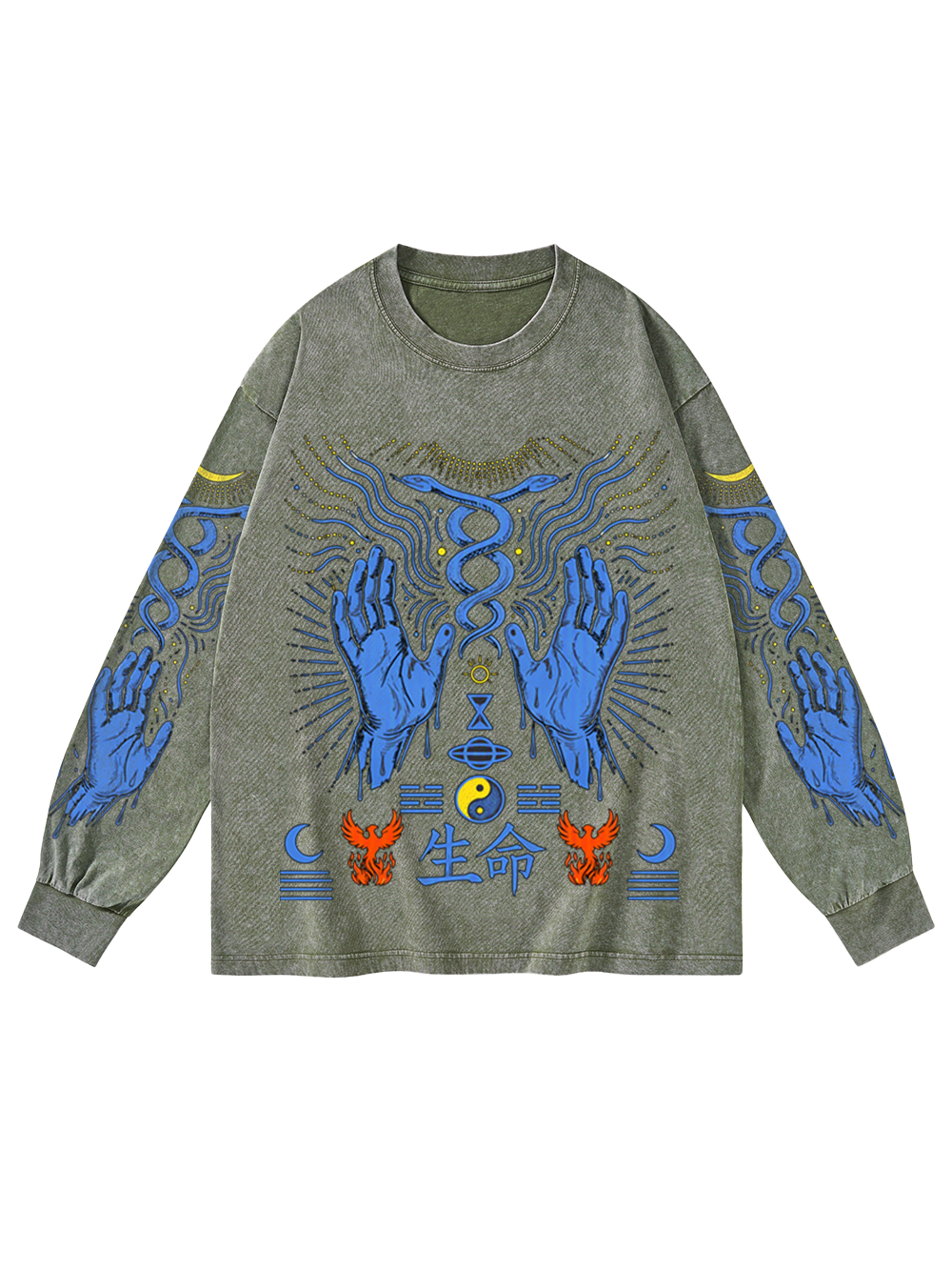 LIFE SYMBOL WASHED LONG-SLEEVE GRAPHIC TSHIRT