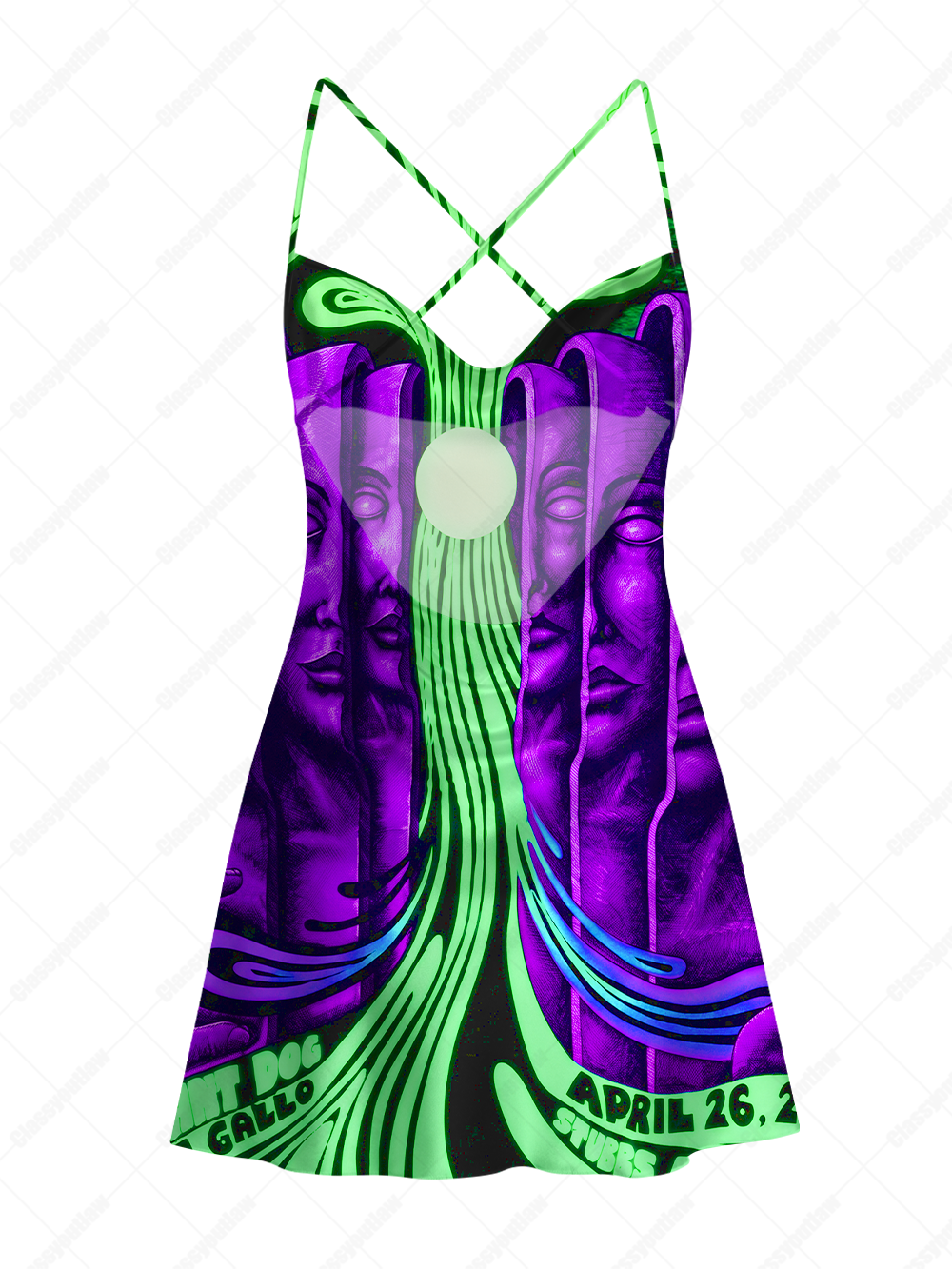 PSYCHEDELIC FACES SATIN CROSS BACK MINI DRESS
