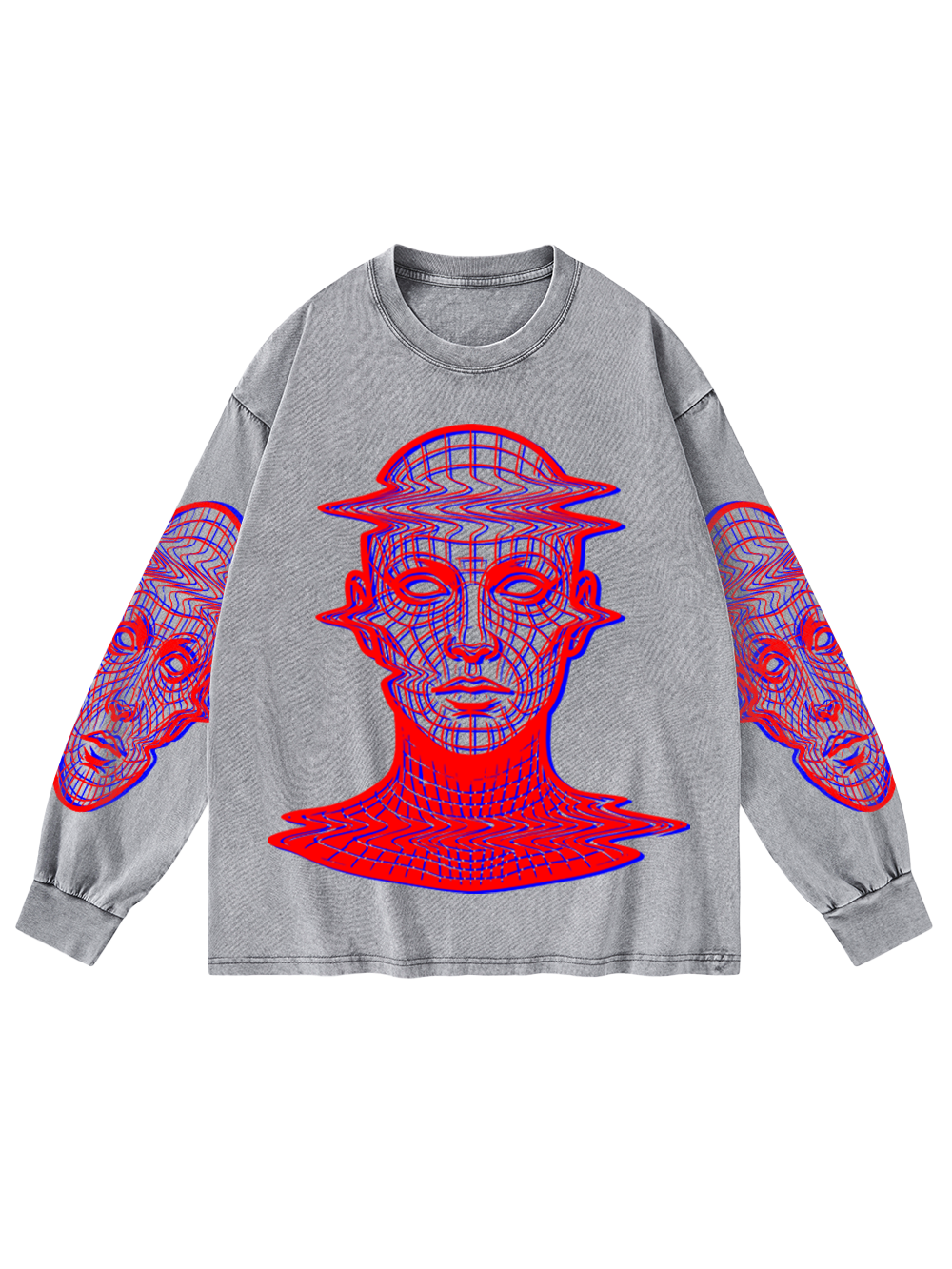 GLITCH WIREFRAME WASHED LONG-SLEEVE GRAPHIC TSHIRT