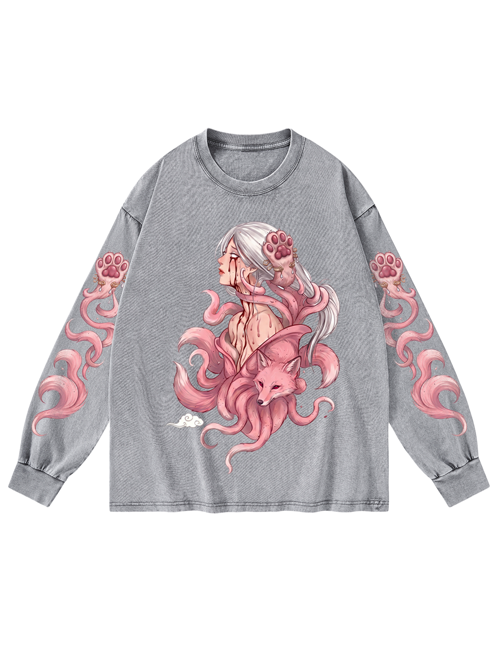 NINE-TAILED FOX GODDESS WASHED LONG-SLEEVE GRAPHIC TSHIRT