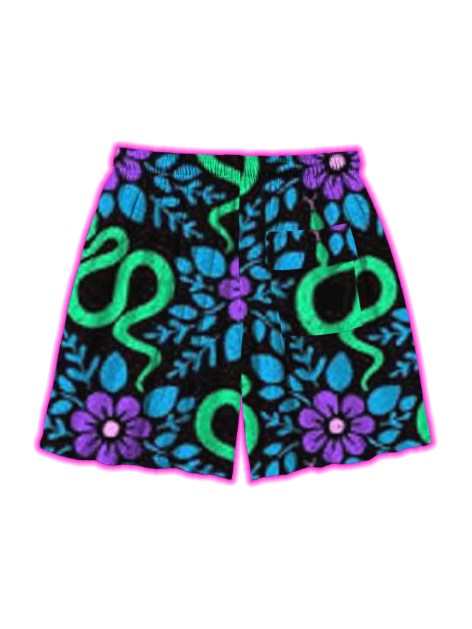 Serpents And Blooms Over Print Shorts
