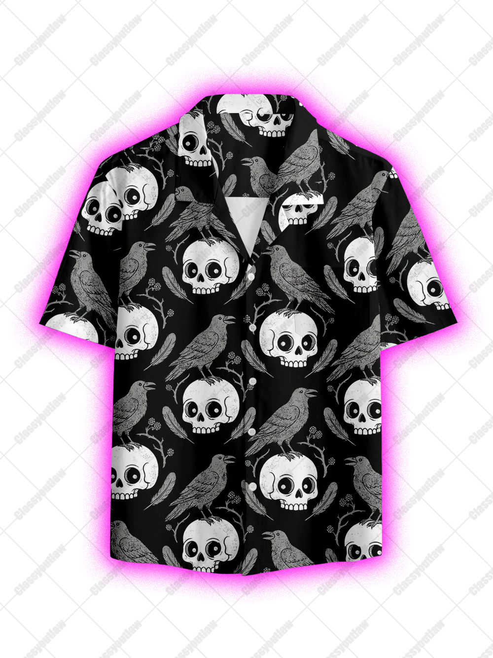 BLACK RAVEN AND SKULL BUTTON UP POCKET SHIRT