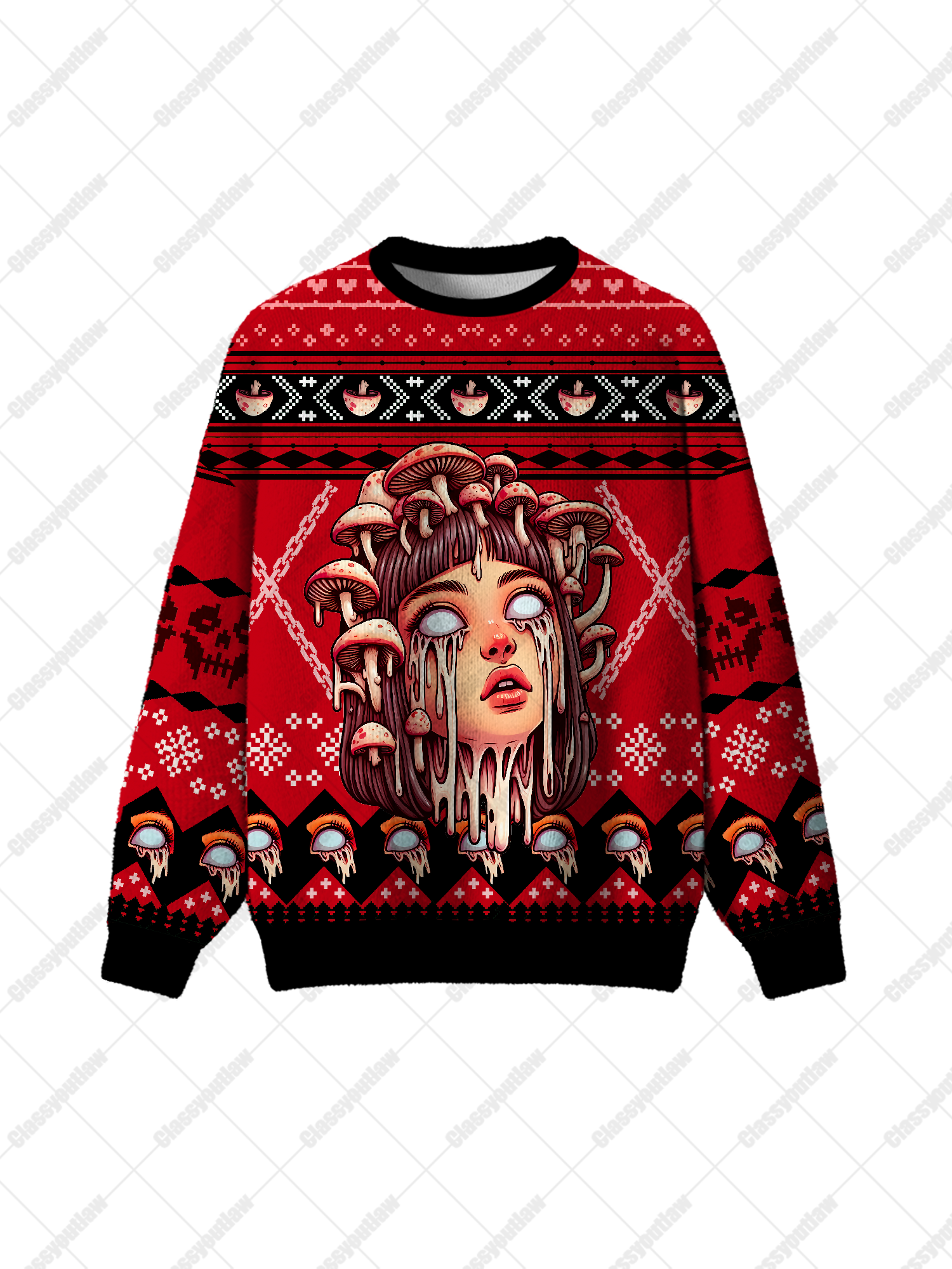 White-Eyed Mushroom Girl UGLY CHRISTMAS SWEATSHIRT